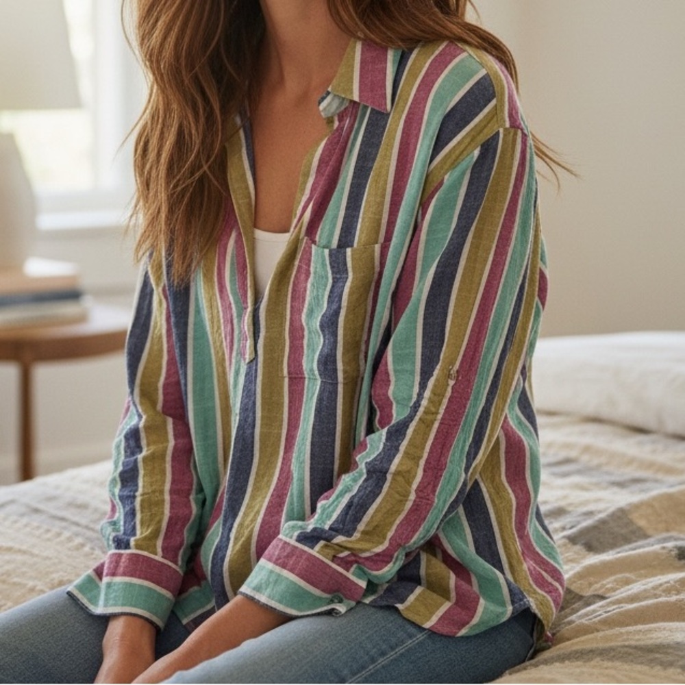 Soho MULTI COLOR STRIPED LONG SLEEVE TUNIC TOP Medium BUTTON BACK RAINBOW BLOUSE